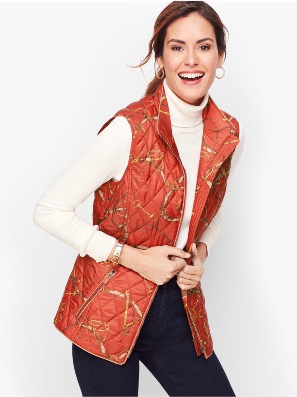 Talbots Large Equestrian Print Quilted Vest Horse Tack English Countryside